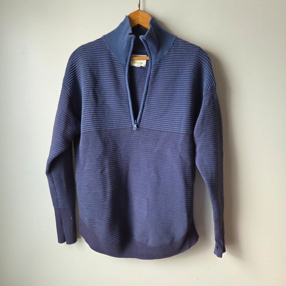 EUC OFFLINE BY AERIE BLUE RIBBED HALF ZIP MOCKNECK SWEATER SIZE SMALL